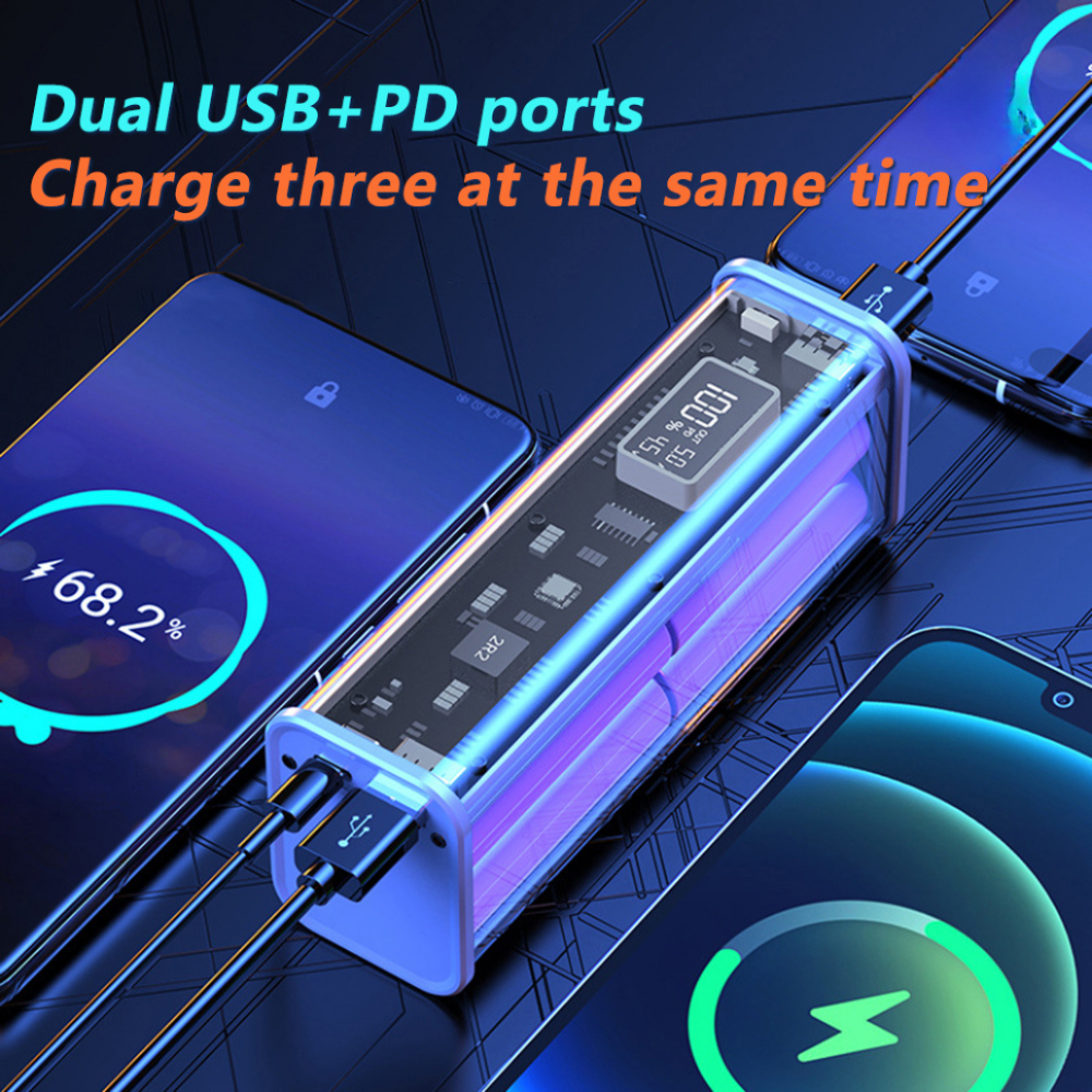 20W PD Fast Charging Power Bank | Transparent Shell | LED Display, 2 USB Ports, Type-C Port | 8*18650 Batteries for Reliable Performance. - Image 4